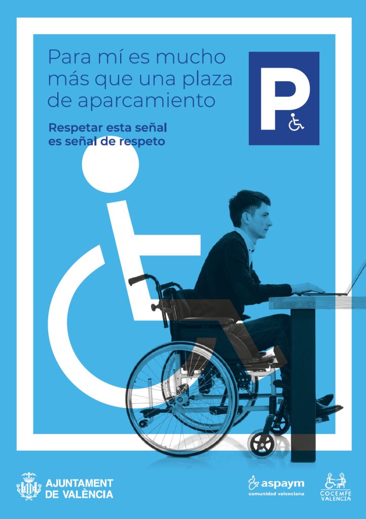 Póster de la campaña de ASPAYM Comunidad Valenciana por las plazas PMR