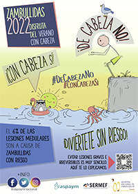 flyer oficial campaña zambullidas 2022 con dato sobre porcentaje de lesiones medulares