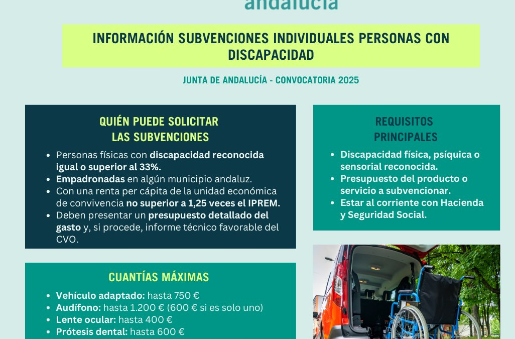 Abierta la convocatoria de subvenciones individuales para personas con discapacidad en Andalucía